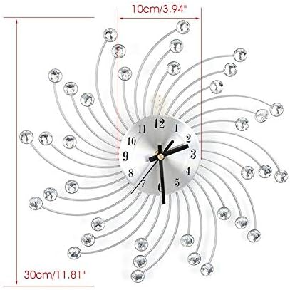 Crystal Dimamond Silver Wall Clock Modern Silent Metal Clock Non-ticking Sunburst Clock Luxury Hanging Wall Clock Creative Numeral Art Decoration Gift for Living Room Bedroom Office Hotel Cafe, 30cm