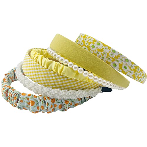Mefineshow 7Pk Different Fashion Headbands For Women,Non Slip Flower Headband,Cute Pearl Headbands For Girls,Vintage Wide Headband For Women,Bandana Hair Accessories Set (Yellow) #TOP5