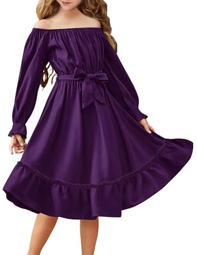 Arshiner Girls Long Sleeve Dresses Fall Party Formal Holiday Swing Flowy Ruffle Midi Dress