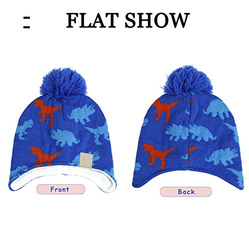 Image of ACTLATI Winter Dinosaur Boy Winter Hat Scarf Mittens Set Warm Beanies Earflap Fleece Pompom Lining Cap for Toddler Kids