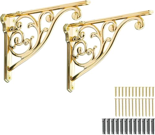 Khtumeware Ornate Decorative Shelf Brackets, 5x3.5 inch Small wall Mounted Shelving Bracket, 2 Pack Polished Brass Vintage Metal Shelf Bracket Victorian wall Bracket (2, Gold)