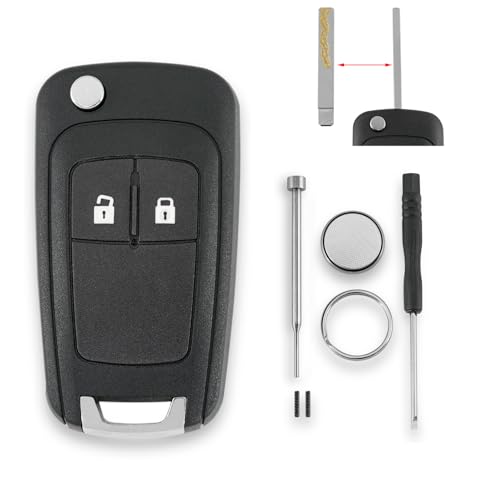 2 Tasten Autoschlüssel Gehäuse für Opel Vauxhall Adam Astra J Cascade Insignia Meriva Mokka Viva Zafira mit Batterie CR2032 und Pin-Entfernungswerkzeug Schraubendreher Schlüsselring