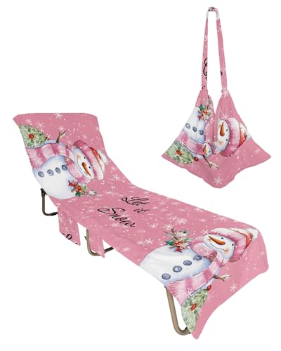Pink Christmas Snowman Beach Lounge Chair Towel Cover, Soft Chaise Lounge Towel with Side Pockets Patio Pool Chairs Cover for Beach/Pool Sunbathing 29x85 Xmas Birds Winter Snowflake