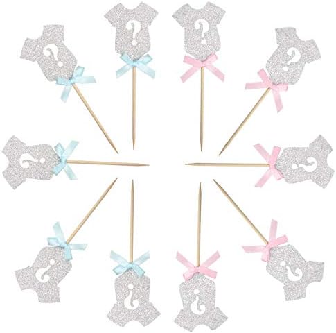 Newqueen 24 Pack Gender Reveal Cupcake Toppers Glitter Onesie Cupcake Picks Decoration for Baby Shower Birthday Party Supplies Silver