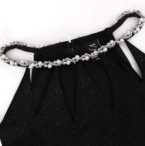 VFSHOW Womens Sexy Cut Out Beaded Halter Formal Prom Maxi Dress Ruched High Slit Cocktail Wedding Guest Gala Ball Sparkly Long Evening Gown (Black, Large) 12043 BLK L