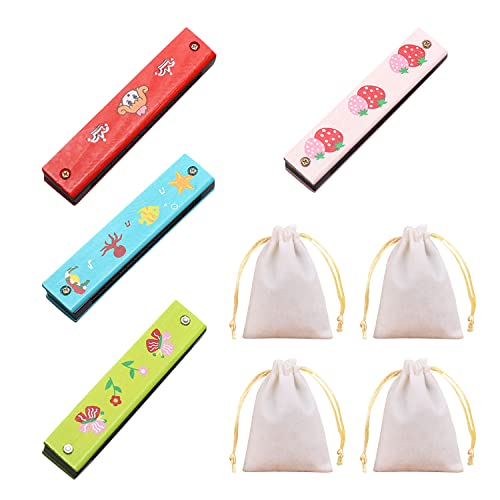 4 Piezas de Armónica para Niños y Adultos - Dibujos Animados de Madera, Doble Hilera de 16 Agujeros, 4 Bolsas de Almacenamiento (12 x 15 cm), Patrón Aleatorio