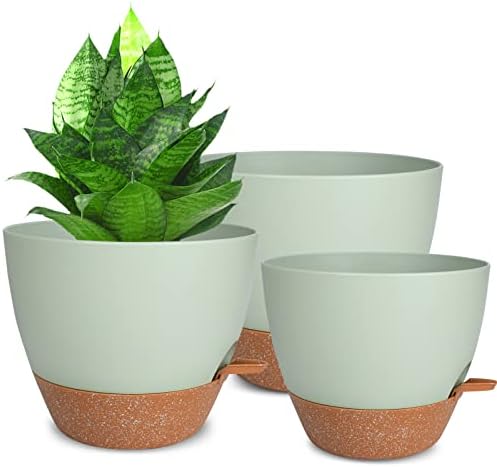 Vanslogreen Planters for Indoor Plants, 10/9/8 Inch Self Watering Plant Pots with Drainage Hole, Plastic Planters Flower Pots for Indoor Outdoor Plants (Green)
