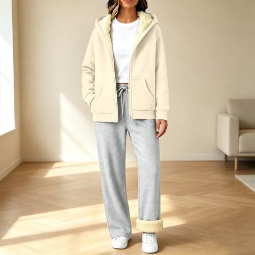 XINGJIAARTS Womens Sweatsuits 2 Piece Set Fleece Lined Zip Up Hoodie Jacket and Sweatpants Sets Warm Tracksuit with Pockets Beige Medium - image 2