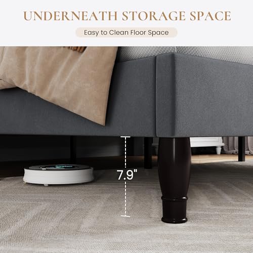 SHA CERLIN Queen Bed Frame with Adjustable Headboard/Velvet Upholstered/Diamond Button Tufted and Metal Studs/No Box Spring Needed/Wooden Slat Support/Easy Assembly/Light Grey