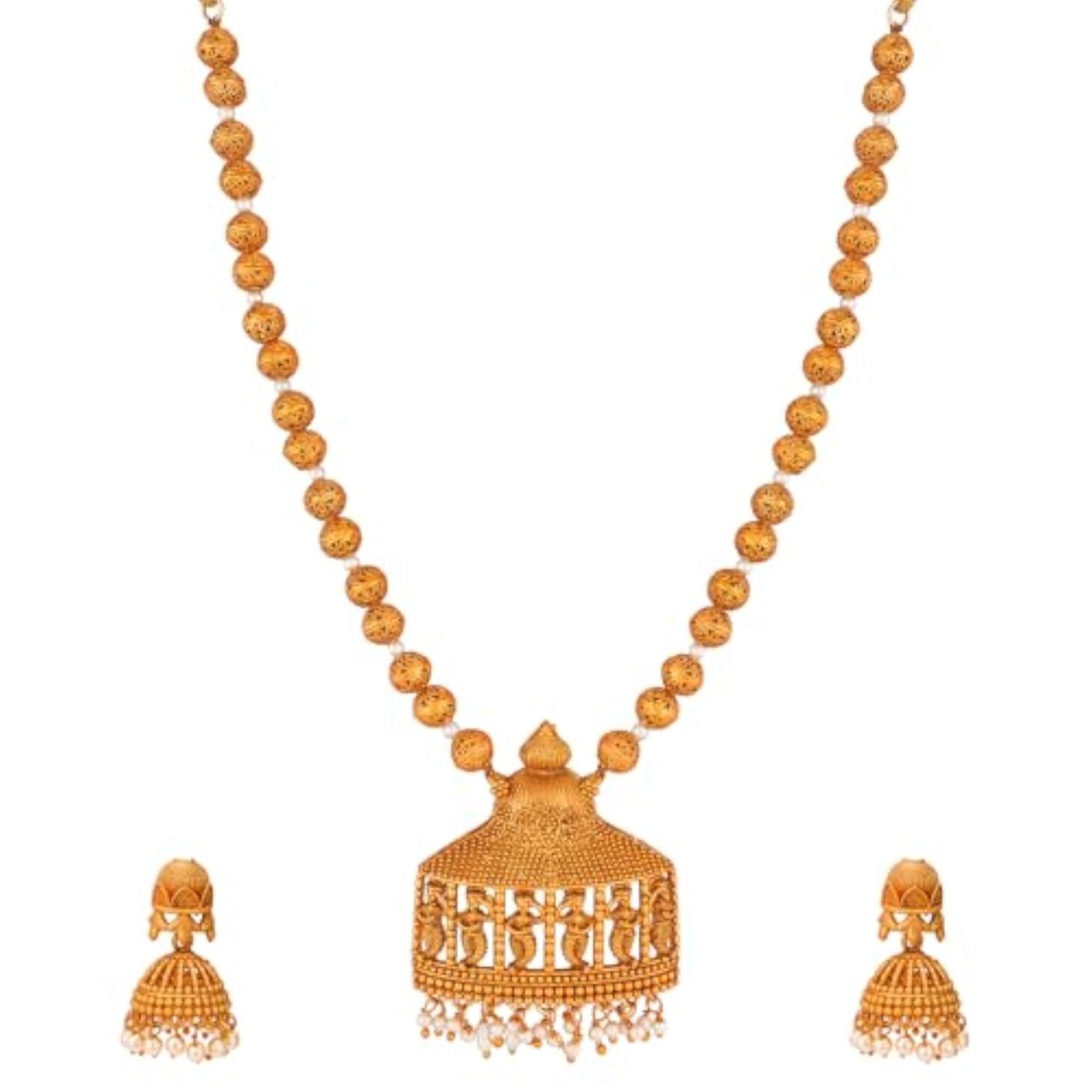 Women's Gold Plated White Beaded Temple Jewellery Necklace Set