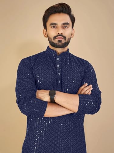 Image of Men's Lakhnawi Chikankari Kurta Set Cotton Ethnic Kurta Pajama for Men Wedding Festive Designer Indian Outfit Stylish Embroidered Kurta Set