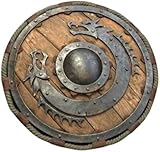 Wooden Viking Shield with Dragon Design – Handcrafted Medieval Round Battle Shield & Wall Décor for Cosplay Brown
