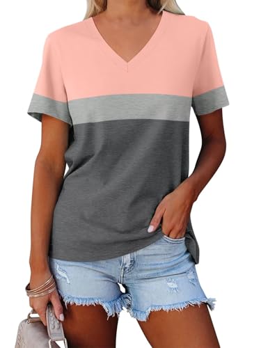 Minetom Women's Color Block/Solid Tops Short Sleeve V Neck T Shirts Summer Casual Tees