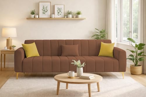 Image of Casaliving Velour Modern Velvet Sofa, Tufted Design Upholstered 3 Seater Sofa Set for Living Room, (Brown Colour) Premium Velvet Fabric Sofa