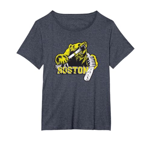 Grizzly Bear Biting Hockey Stick Claws Through Words Boston T-Shirt, Women's Plus, Heather Blue, 4X