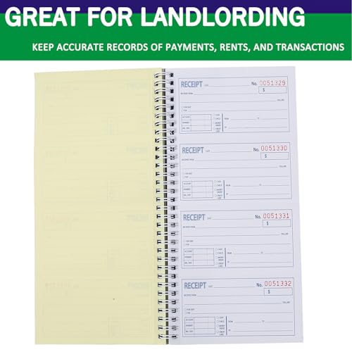 Money & Rent Receipt Book, 200 Sets, 2-Part Carbonless, 5-1/4\" x 11\", Spiral Bound, White & Canary Copies - Numbered Forms for Cash Transactions, Rent Payments & Business Records (3pack) - Thumbnail 4