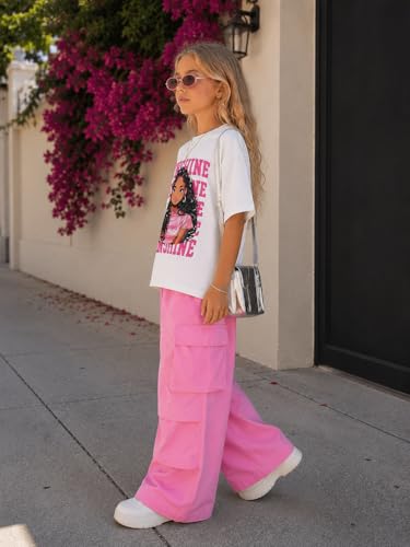 Image of Tween Girls Clothes Short Sleeve Graphic T-Shirt Top + Cargo Pants 2pcs Outfit Set, Size 7-15Years