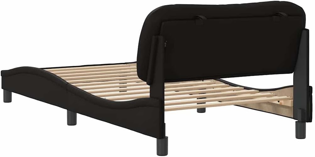 Twin Bed Frame Black Faux Leather with Padded Headboard and Storage, Sturdy Platform Foundation, Modern Minimalist Bedroom Furniture, Durable Slatted Frame for Mattress Support