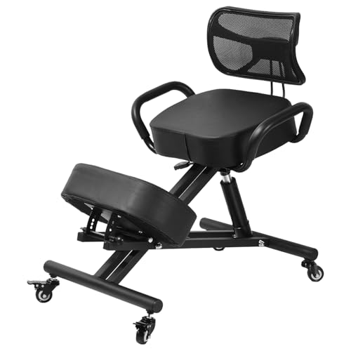 Ergonomic Kneeling Chair with Back Support, Height Adjustable Stool for Home and Office, PU Kneeling Chair for Desk to Relieve Back Discomfort, Thick Moulded Foam Cushions Brake Casters