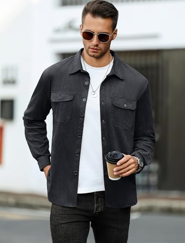 Image of ZAFUL Men's Faux Suede Button Down Shirts Jacket Lightweight Shirt Jacket Long Sleeve Work Coat Solid Color Overshirt