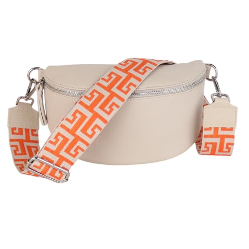 MIRROSI® Bauchtasche Damen, Echtleder, Made in Italy, Umhängetasche, Brusttasche, Crossbody Bag (1 Tasche & 2 Gurte) (Beige (NN Orange), Mittelgroße Tasche (25x16x7cm))