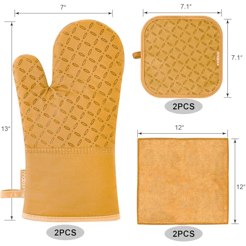 Image of KEGOUU Oven Mitts and Pot Holders 6pcs Set, Kitchen Oven Glove High Heat Resistant 500 Degree Extra Long Oven Mitts and Potholder with Non-Slip Silicone Surface for Cooking (Orange)