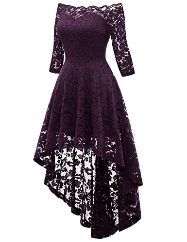 Muadress Women Vintage Lace Cocktail Party Dress Off Shoulder 3/4 Sleeve Hi-Lo Dress A-Grape Medium #TOP1