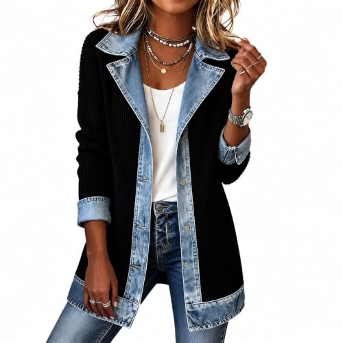 xianglingsao Women’s Denim Patchwork Cardigan Jacket Long Sleeve Button Down Lapel Casual Outerwear with Pockets