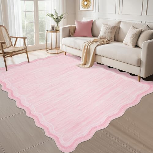 GarveeHome Washable Rugs 8x10 Scallop Living Room Rug Scalloped Rug with Non-Slip Backing, Stain-Resistant Low Pile Easy Cleaning Rugs, Soft Modern So