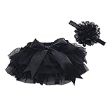 muyan Girls Cotton Tulle Ruffle with Bow Baby Bloomer Diaper Cover and Headband Set (Black, M(6Month-12Month))