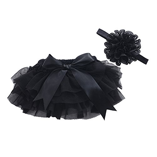 MUYAN Girls Cotton Tulle Ruffle with Bow Baby Bloomer Diaper Cover and Headband Set (Black, Newborn-S(0-3Month))