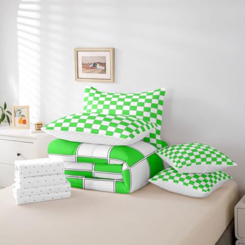 Image of Erosebridal Checkered Full Bedding Set Lime Green Grid Plaid Comforter Set with Sheets 7 Piece Geometric Gingham Bed in A Bag for Kids Boys Teen Men Bedroom-Soft Lightweight for All Season