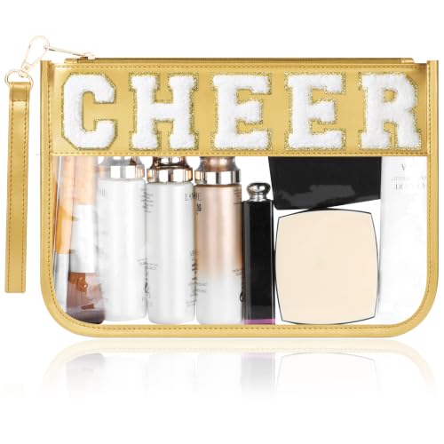 BuyCard Cheer Chenille Letter Bags Clear Makeup Bag, Cheerleader Gifts Cosmetic Bag, Varsity Preppy Patch Flat Pouch Cheer Accessories, Waterproof PVC Organizer Toiletry Bag for Women Girls Gold