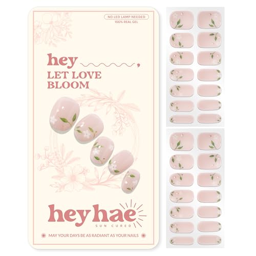Heyhae Semi Cured Gel Nail Strips | No LED Lamp Needed |Pink Floral | Easy Apply & Remove Salon Quality | Includes 28 Strips 2 Prep Pads Nail File & Wooden Stick - Hey Let Love Bloom