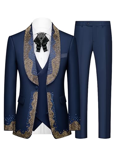Men's 3 Pieces Suit Slim Fit Tuxedo with Rhinestone Design Shawl Lapel Blazer One Button Jacket Vest Pants Set