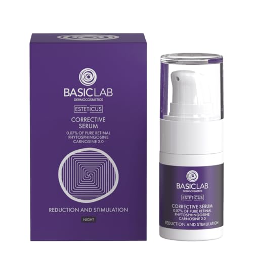 BasicLab Dermocosmetics - Siero correttivo per il viso con retinale, 30 ml, antirughe, anti-acne, durante la notte, ringiovanimento