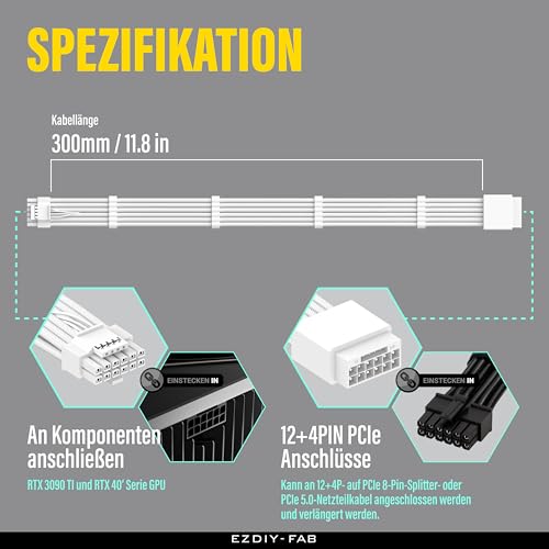 EZDIY-FAB Cable de extensión de 16 pines (12+4) 12VHPWR PCIe 5.0 con mangas de GPU macho a hembra, compatible con RTX 5080, 5070, 4090, 4080, 4070, 16AWG con peines/todo blanco - imagen 5