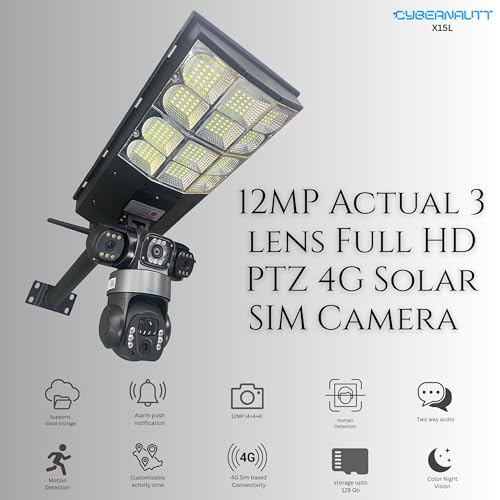 Image of XUGA - Cybernautt X15L 12MP 3 Lens PTZ Solar 4G Sim Outdoor CCTV Camera with 3 View | 360 | Night Vision | Motion Detection| Siren Alarm | 2 Way Audio | Streetlight Camera | Use Air-tel 4G Sim