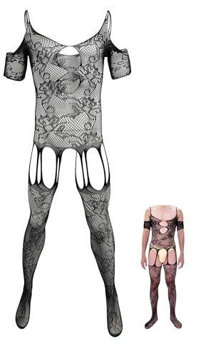 FEOYA Men Lace Lingerie Sissy Sexy Tight Cut Out Black Fishnet Lingerie Costume Bodysuit Elastic Nightgown One Piece Bodysuit