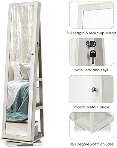 COSTWAY 3-in-1 Jewelry Cabinet, Lockable Jewelry Armoire Storage Unit with Full Length Mirror and Display Shelf, Home Bedroom Dressing Room Cosmetics Jewellery Organiser (360° Swivel White)