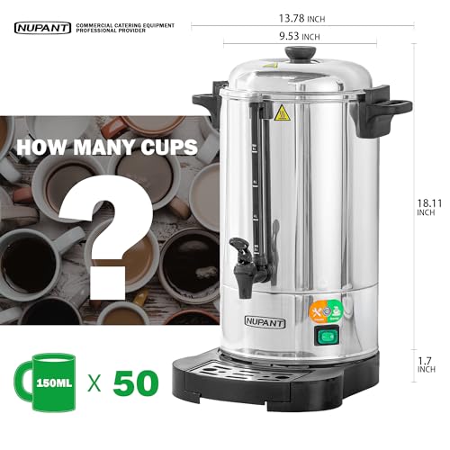Image of NUPANT Commercial Coffee Urn 50 Cup /8L Coffee Dispenser with Upgraded Percolator, Double Wall 304 Stainless Steel Hot Water Urn Beverage Dispenser, Keep Warm Large Coffee Maker for Catering Party