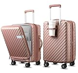 LUGGEX Carry On Luggage with Compartment and Cup Holder, Expandable PC Hard Shell Suitcase with Front Pocket (Rose Gold, Carry-On 20-Inch)