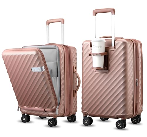 LUGGEX Carry On Luggage with Compartment and Cup Holder, Expandable PC Hard Shell Suitcase with Front Pocket (Rose Gold, Carry-On 20-Inch)