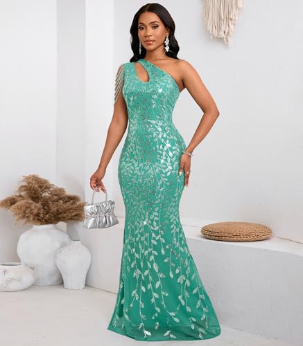 Image of Cololura Women Sequin Elegant Sexy One Shoulder Tassel Mermaid Bodycon Cocktail Evening Dress