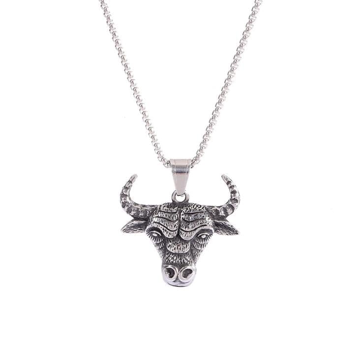 Men's Bull Head Pendant Necklace, Gothic Vintage Bull Head Stainless Steel Necklace,Silver (Model number A137)