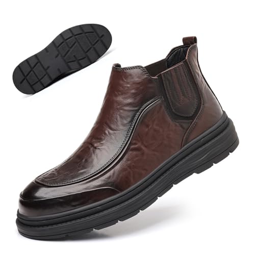 Men's Genuine Leather Soft Bottom Slip On Chukka Boots Comfort Elastic Panels Non Slip Platform Ankle Boots Business Work Outdoor Dress Booties