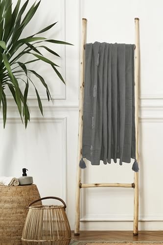 Image of HAKAM Cotton Throw Blanket with Macrame Tassels for 3 Seater Sofa | Ideal for Your Home, Living Room, Sofa, Bed, Chair, Picnic & Used for Gift - 50X70 inch | (Grey, Small Single)