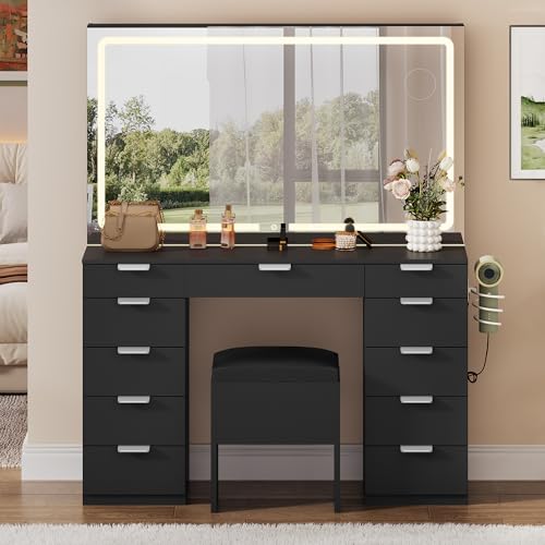 YITAHOME 46'' Vanity Desk with Large LED Lighted Mirror & Charging Ports, 11-Drawer Makeup Table Set with Storage Stool for Dressing Room, 3 Lighting Modes Brightness Adjustable, Black Finis