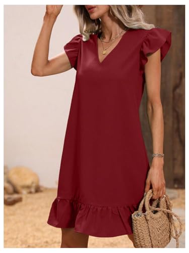Image of SOLY HUX Summer Dresses for Women V Neck Cap Sleeve Ruffle Hem Smock Short Dress Plain Burgundy Large