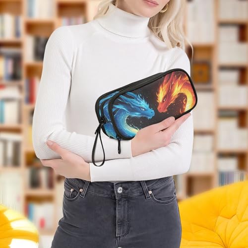 Image of Dragons Red Blue Fire Eyes Pencil Case Box Boys Girls Large Pencil Pouch with Zipper Compartments Big Capacity Stationery Pen Bag Organizer for Kids Teens Adults School